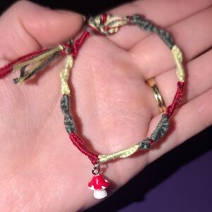 Braided Bracelet with Mushroom Charm - Red, Green, Cream